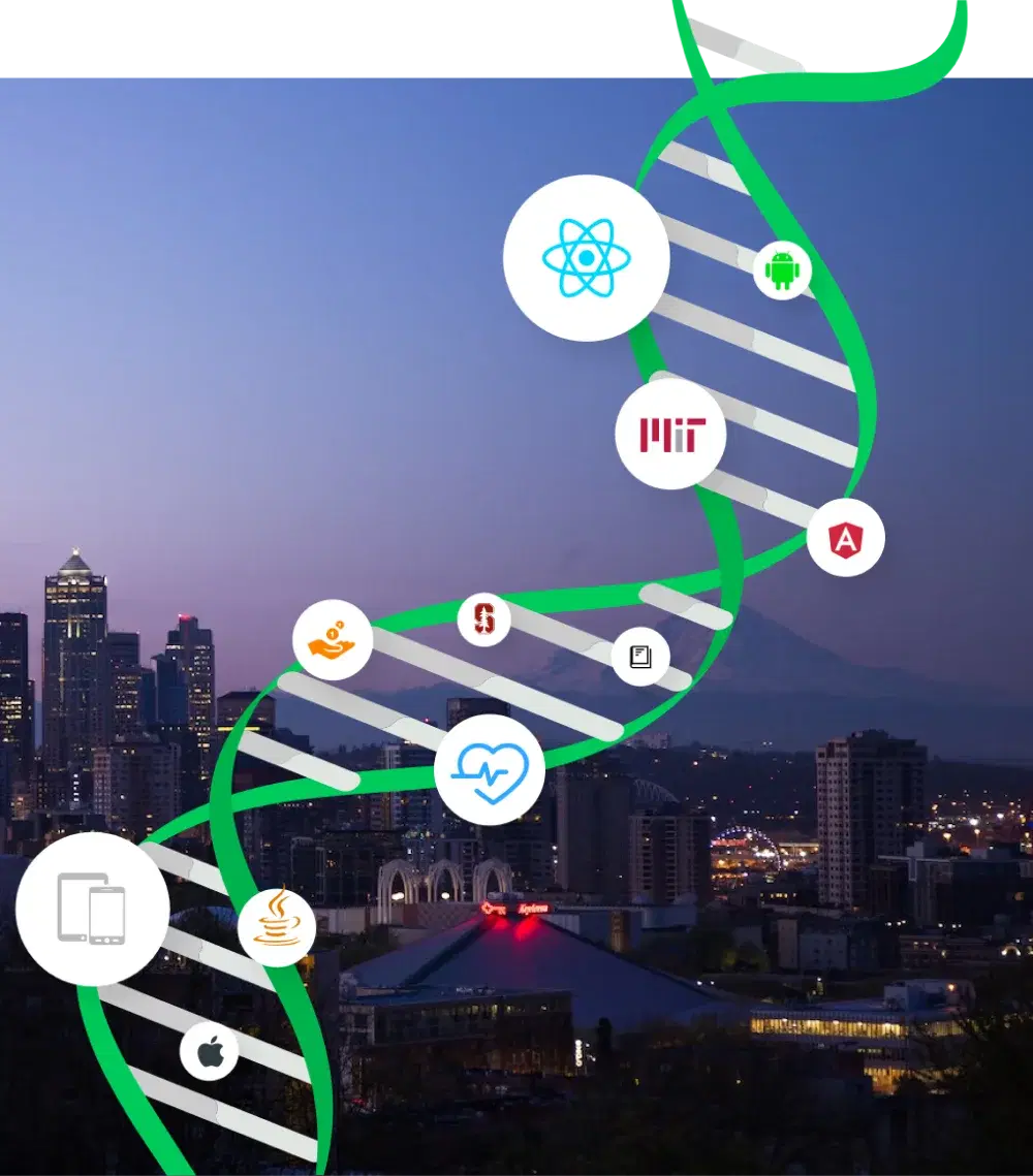 Cityscape backdrop with a 'Technologies in DNA' image showcasing our innovation and tech expertise.