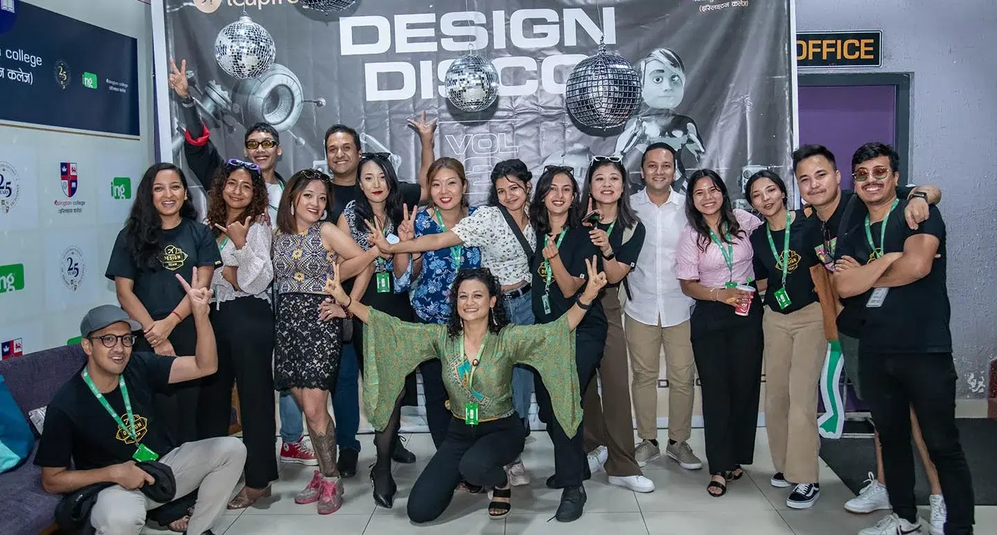 A group photo of participants and organizers at Leapfrog's Design Disco event.